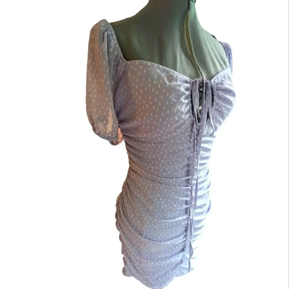 June & Hudson Pastel Lavender Polka Dot Chiffon Rouch Corset Tie Dress Women's L